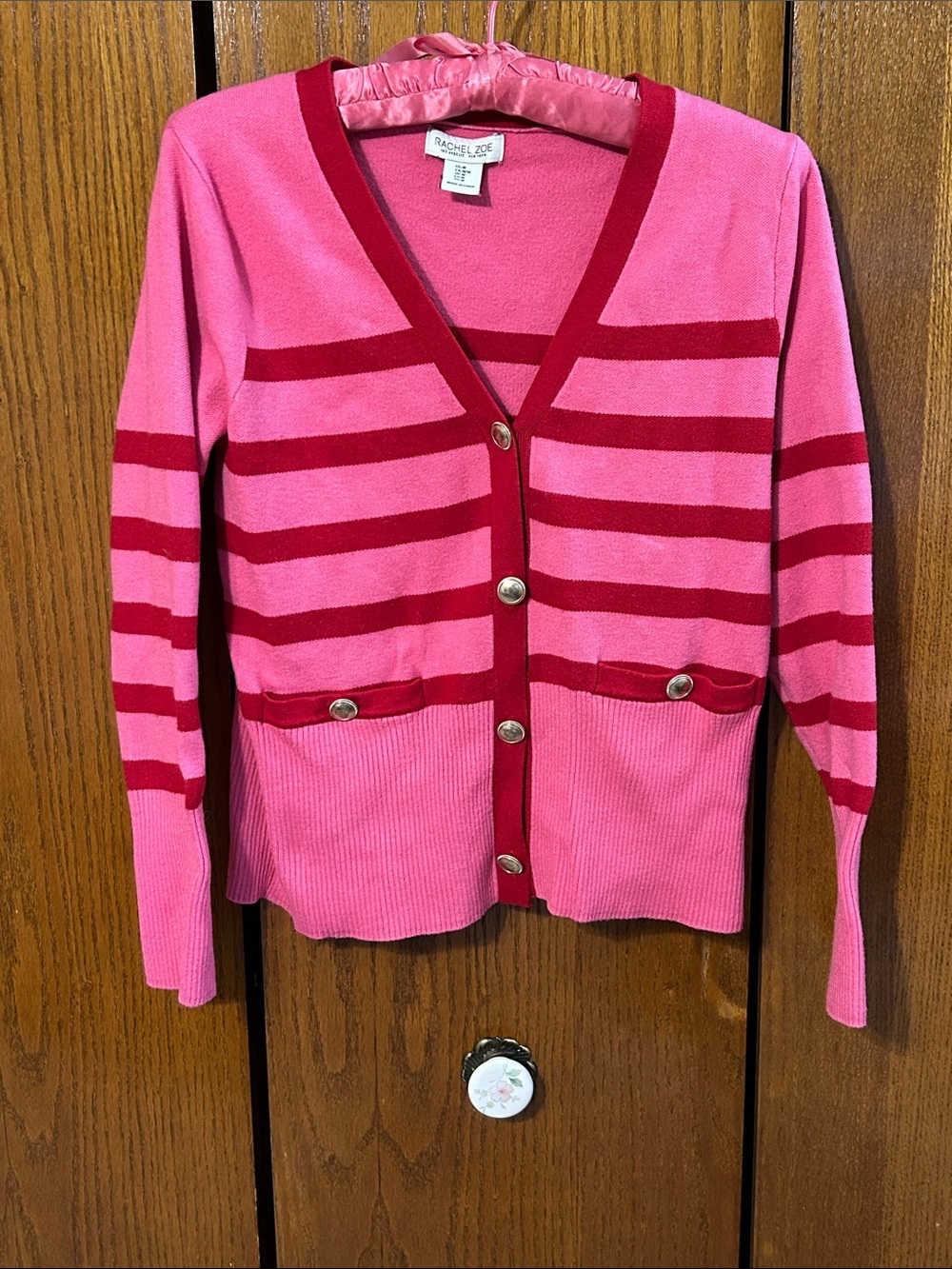 Rachel Zoe Hot Pink and Red Striped V-Neck Cardigan